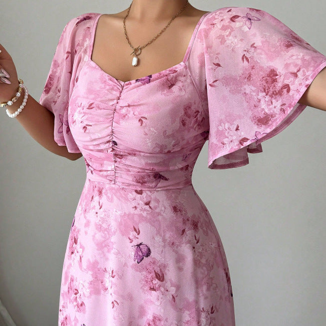 european and american  cross-border new french v-neck floral maxi dress with puff sleeves