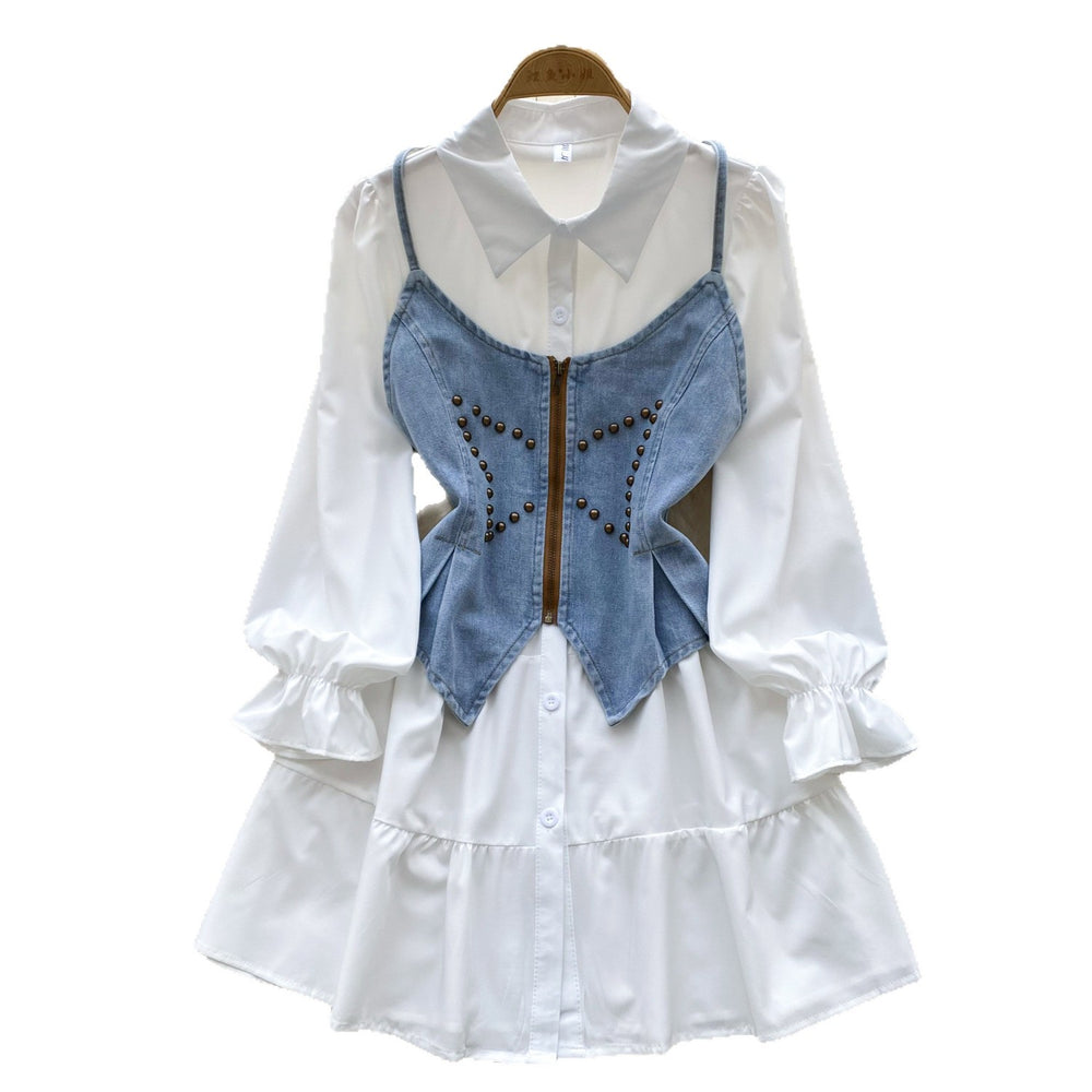 Autumn new arrivals: women's elegant, niche, french-style cinched waist single-breasted long-sleeve shirt dress + denim cami tank top