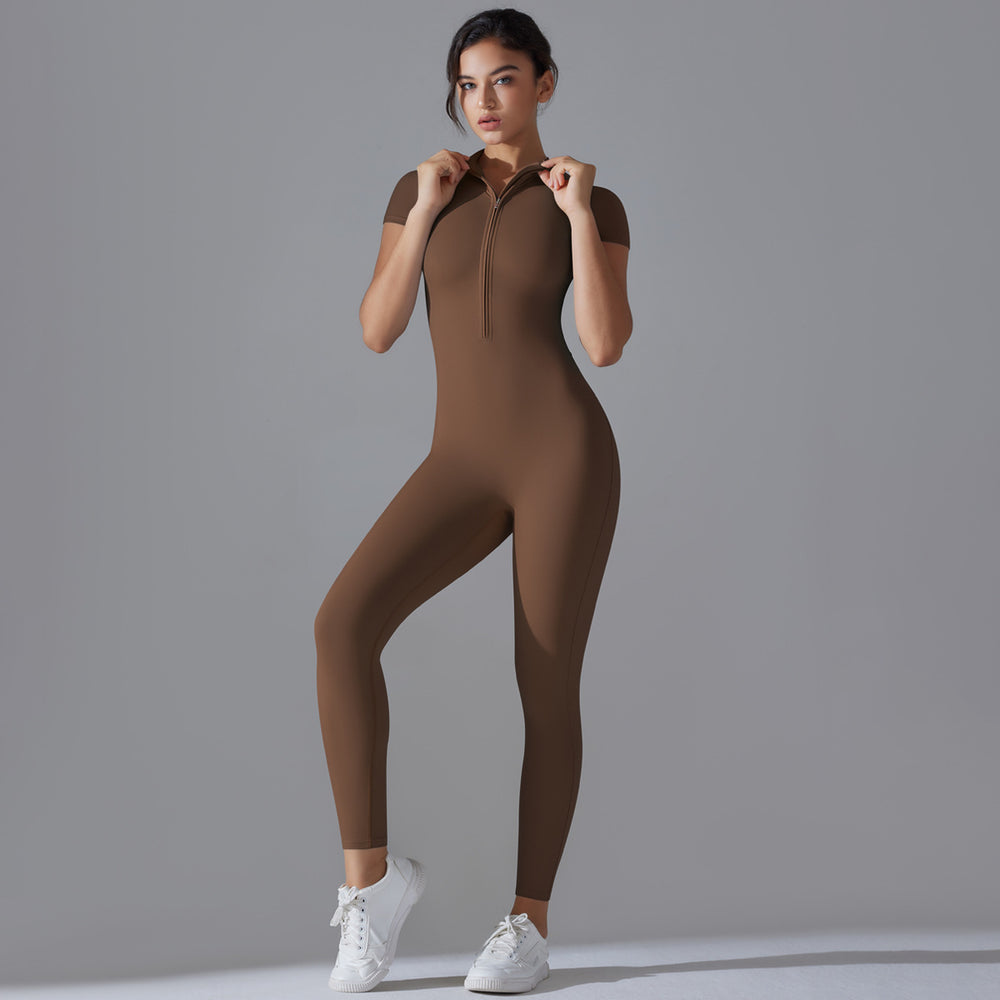 New solid color zip-up compression high-stretch short sleeve bodysuit activewear - workout, fitness, running, cropped leggings, yoga outfit