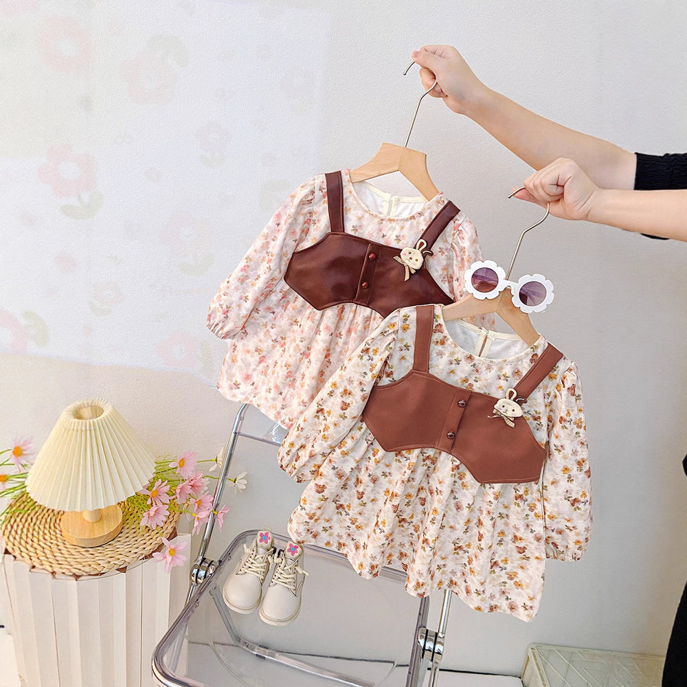 Trendy floral vest dress for baby girls - korean style, chic two-piece look, princess style dress - new autumn  collection