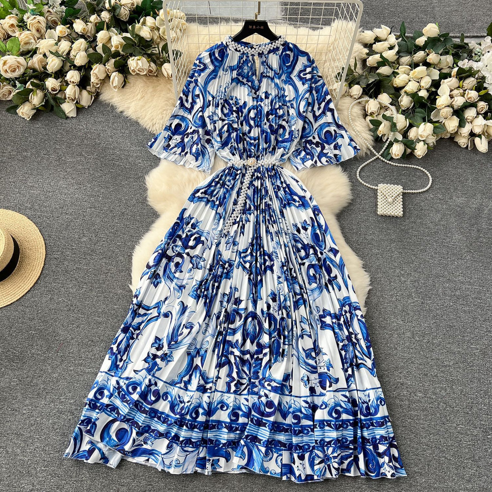 European style plus size women's high-end printed, heavily beaded, pleated long formal dress with pleated skirt - elegant women's dress
