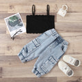 Export cross-border high-quality children's clothing round neck lace lace suspender workwearjeans children's suit