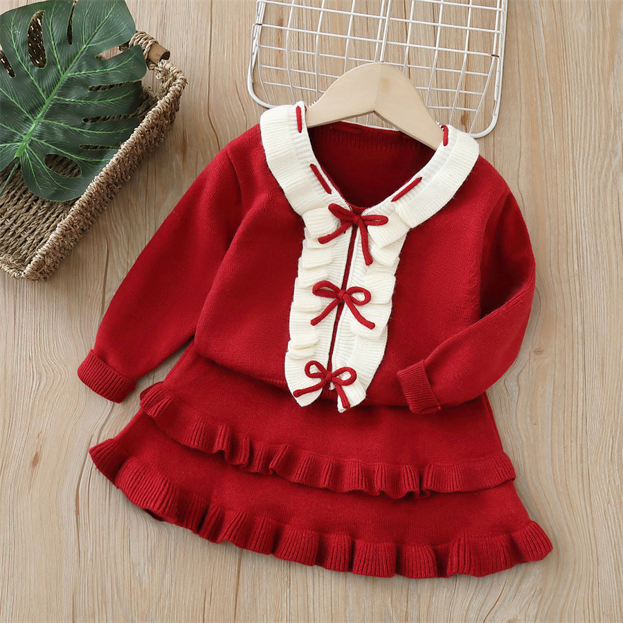 Dropshipping  autumn new girls' sweater two-piece set - sweet & chic bow detail