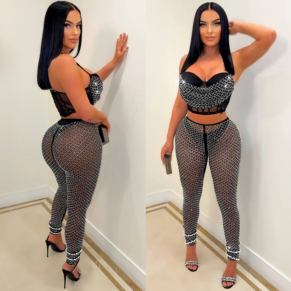 C6540 cross-border   fashion women's solid color mesh rhinestone suspender pants two-piece set