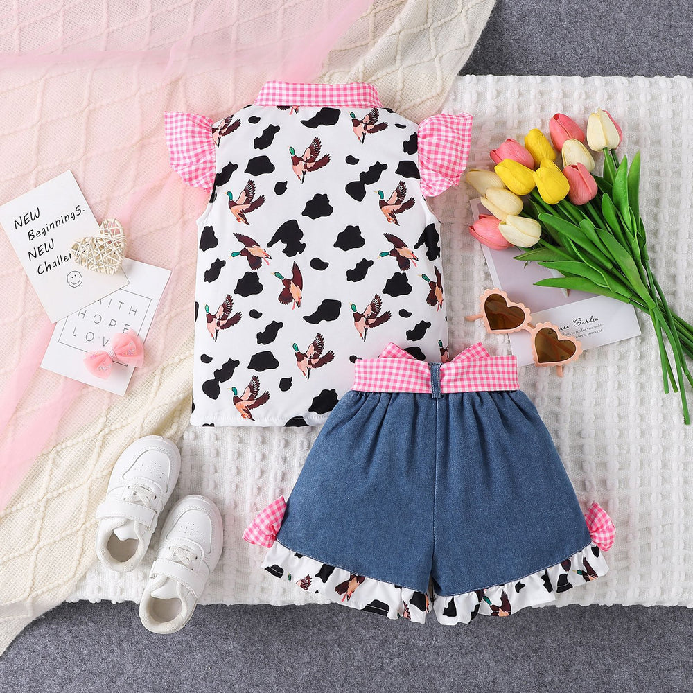 Children's clothing  cross-border fashion pink plaid printed pattern tops denim
