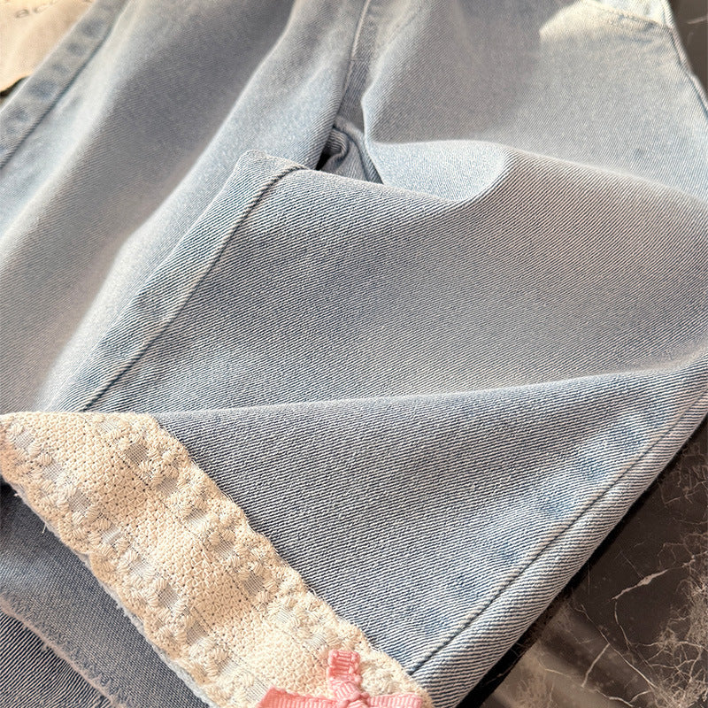 Spring new korean style girls' lace bow denim pants, fashionable and stylish children's trousers, trendy kids' clothing
