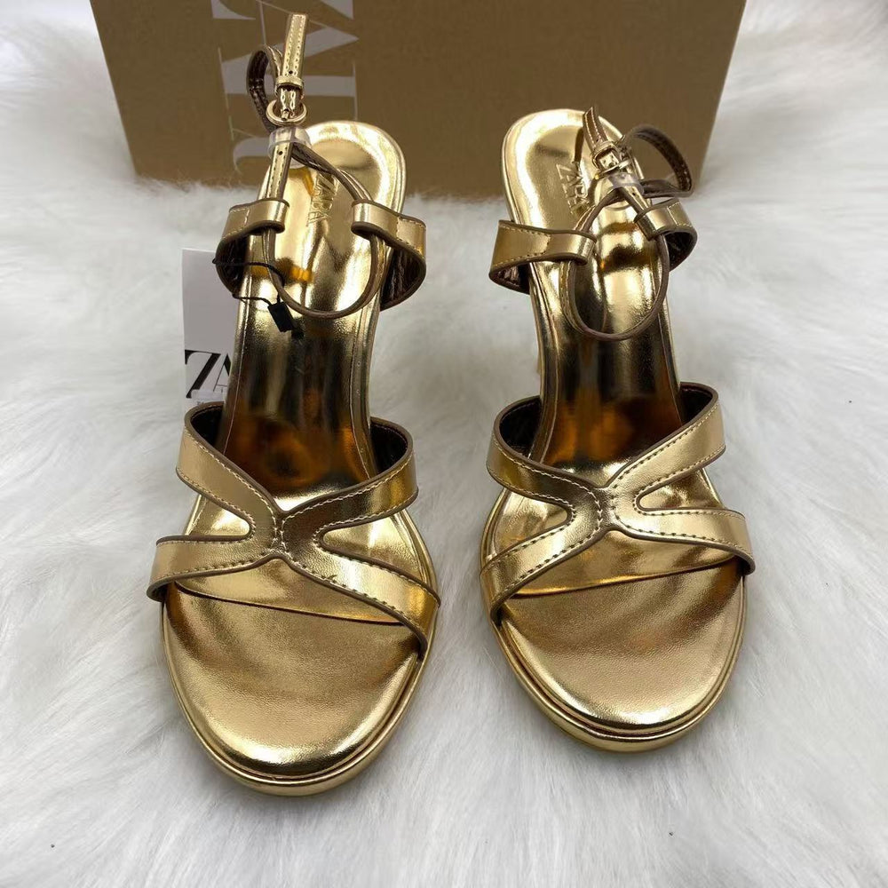 Za2025 new round-toe metal buckle low-cut stiletto heel slip-on elegant european and american style