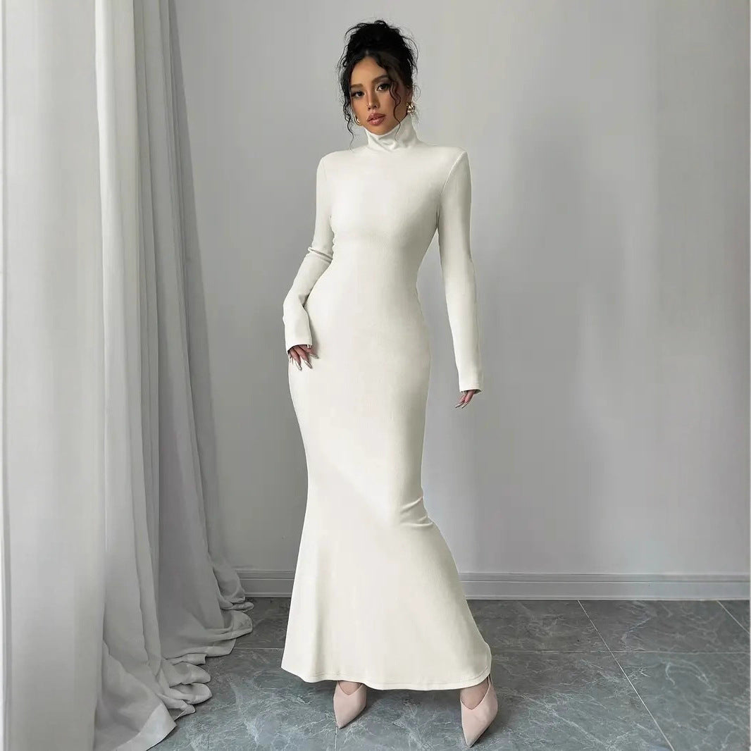 European and American  independent station women's elegant turtleneck contrasting color small pit strip vest long jacket long sleeve dress set