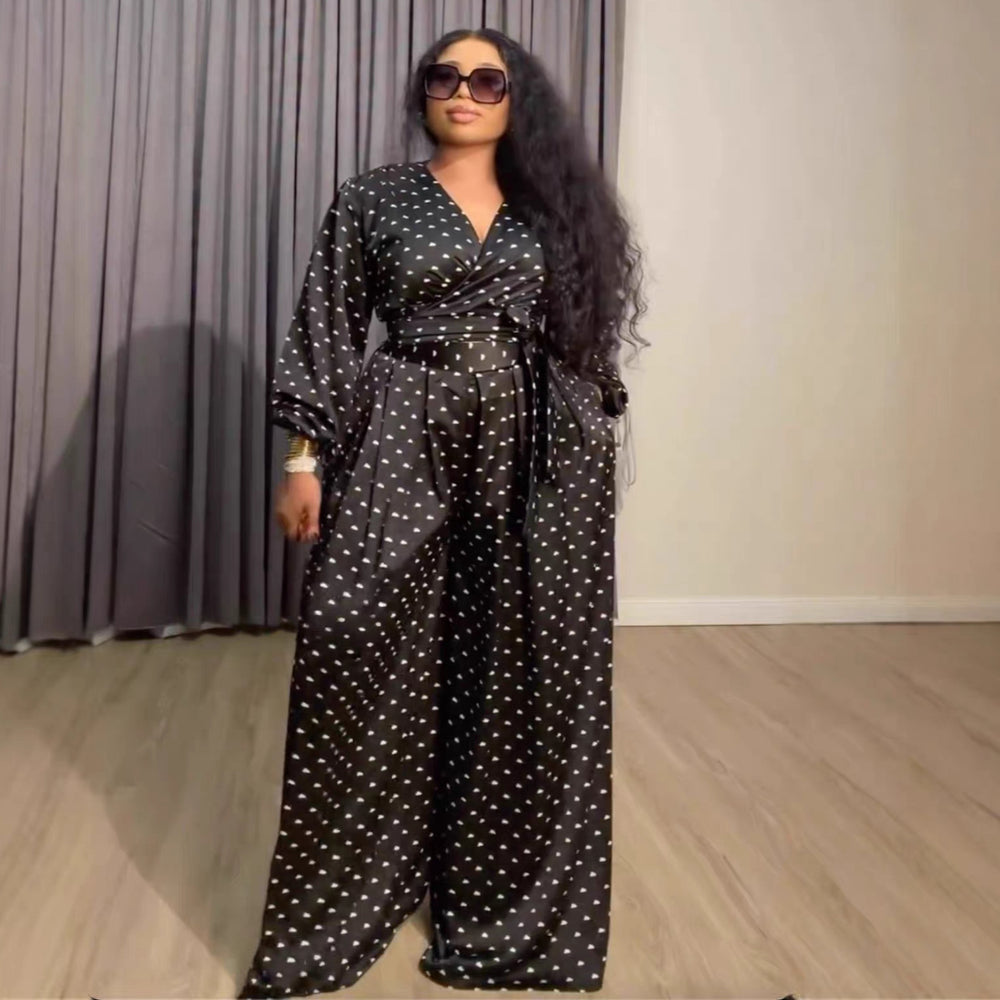 European and american cross-border women's fashion:  summer new collection - stylish v-neck tie-up polka dot cropped top and wide-leg pants set