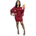 European and american cross-border women's fashion:  autumn hot-selling solid color long sleeve tassel round neck bodycon mini sexy dress