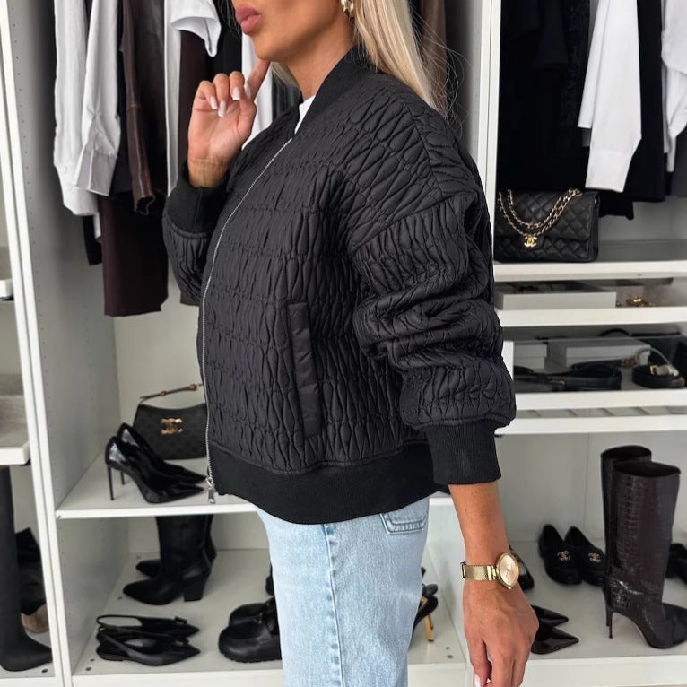 2024 autumn and winter new solid color embroidered short zipper jacket baseball jersey thickened cotton clothing women