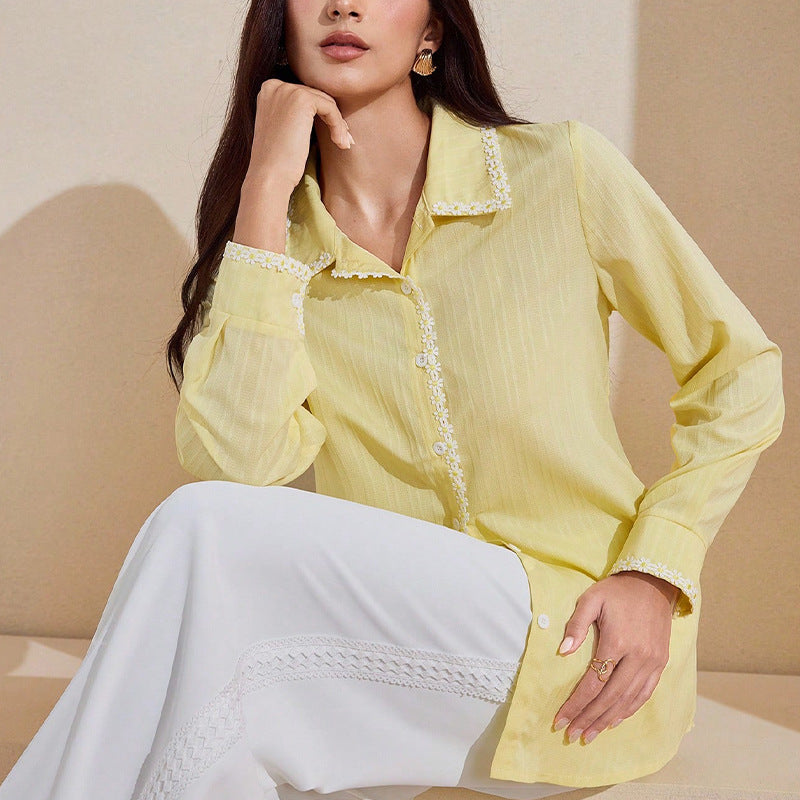 Ruihu 2025 Cross-border  Independent Station Foreign Trade European and American Temperament Lace Long Sleeve Shirt Solid Color Cardigan Top