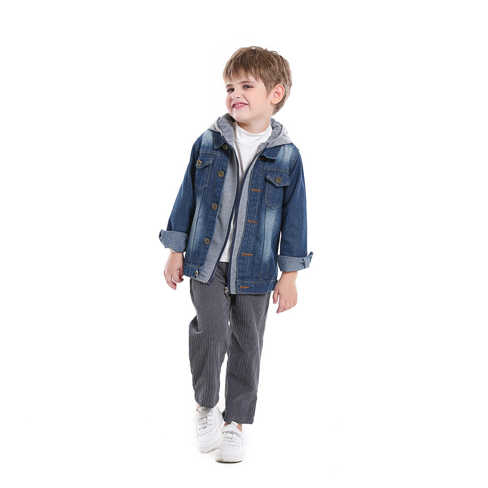 Kids' faux two-piece denim jacket - new autumn/winter hooded fashion casual top for boys and girls - wholesale for export