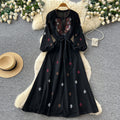 Ethnic style heavy industry embroider red dress women's summerk-stylelong sleeves waist slimming look a-line long skirt holiday style