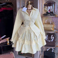 European and american women's clothing  autumn new collection: sweet and fresh striped turn-down collar long-sleeve shirt and panelled midi skirt two-piece set