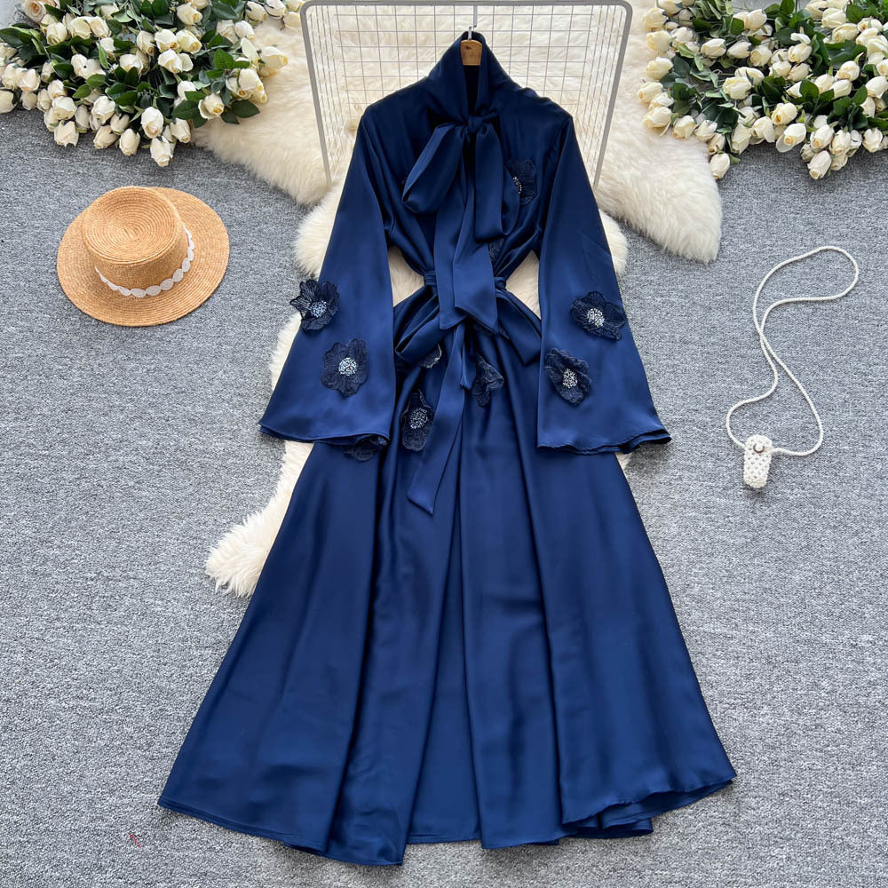 Frenchretrolong sleevesdress women's summerstereoflower tieelegant unique beautiful beautiful long skirt
