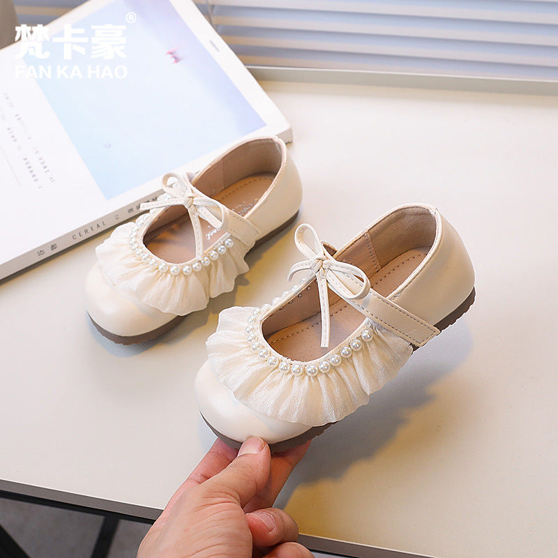 Vancahao girls' lace bow princess shoes, new autumn  collection, kids' silver soft sole single shoes, leather shoes