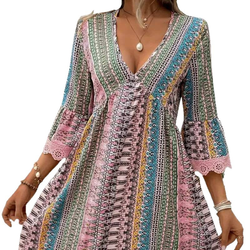 Lace-trimmed cross-border independent station summer european and american style new v-neck printed casual maxi dress