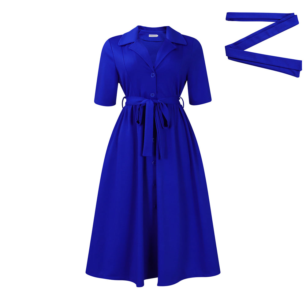 D506 african women's fashion summer  new arrival: chic blazer collar short sleeve solid color cinched waist flared hem export dress