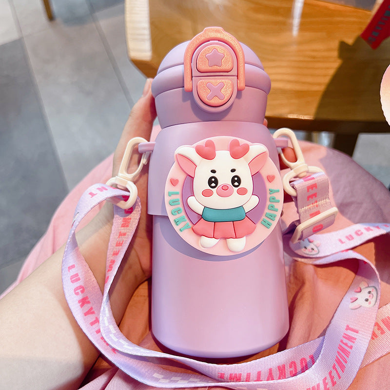 High-value 316 stainless steel food-grade cute cartoon double-drink straw water bottle gift for kids (plush toy design)