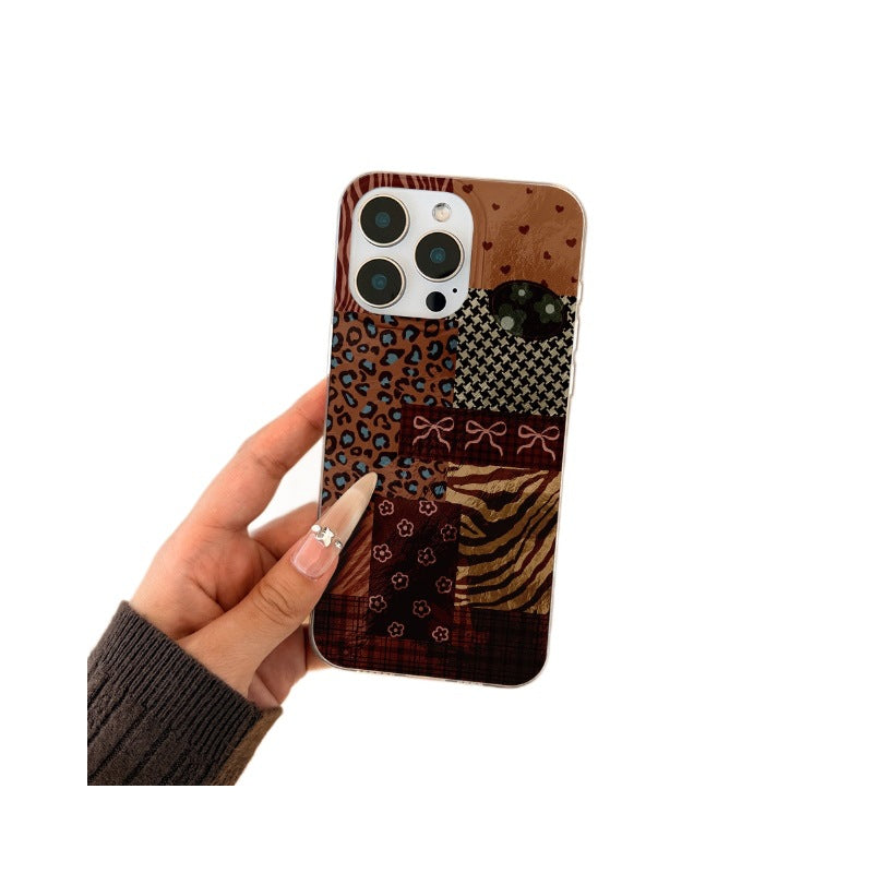 Retro patchwork leopard print mobile phone case suitable for iphone17promax apple 16/15/14 anti-fall soft case wholesale