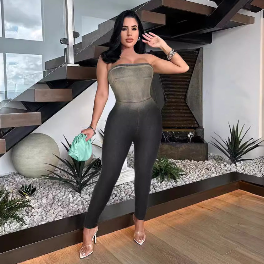 e-commerce: european and american style sexy, instagram-worthy, strapless, gradient, form-fitting, stretch denim jumpsuit