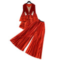 Classy sense of commuting style pleated pleated skirt three-quarter sleeve topshigh waistloose pants women's autumslimming looktwo-piece set
