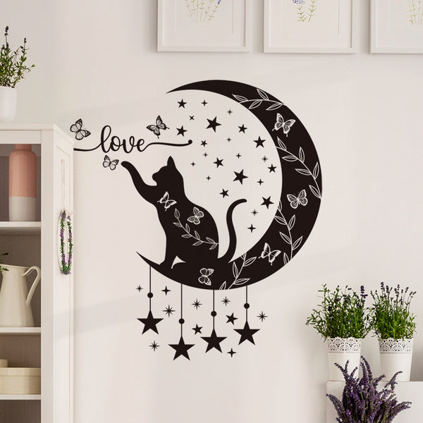 Black cat door decorative sticker moon star wall decorative sticker children's room background wall removable sticker