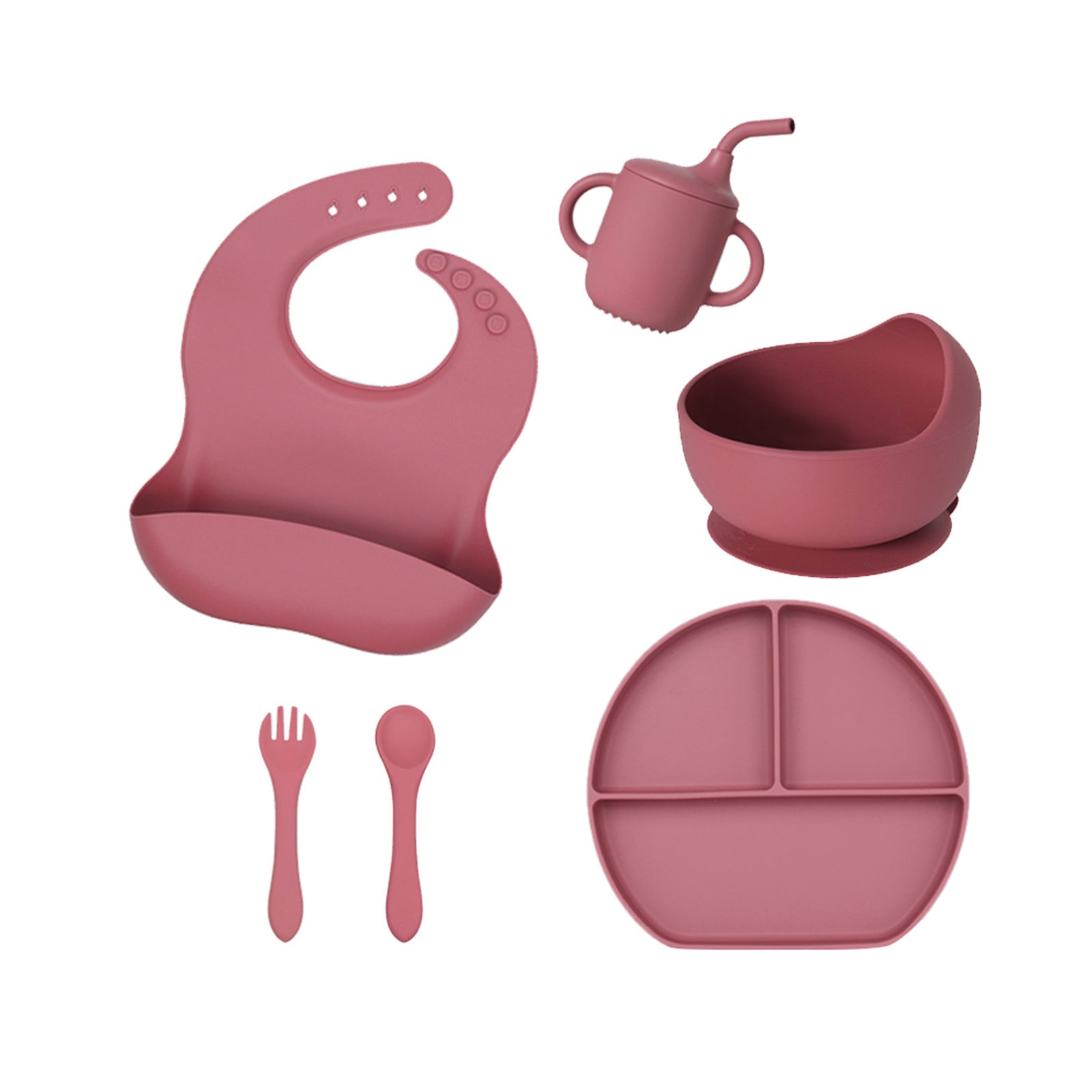 Factory custom silicone tableware 6-piece set baby straw cup plate bowl bib eating children's tableware set