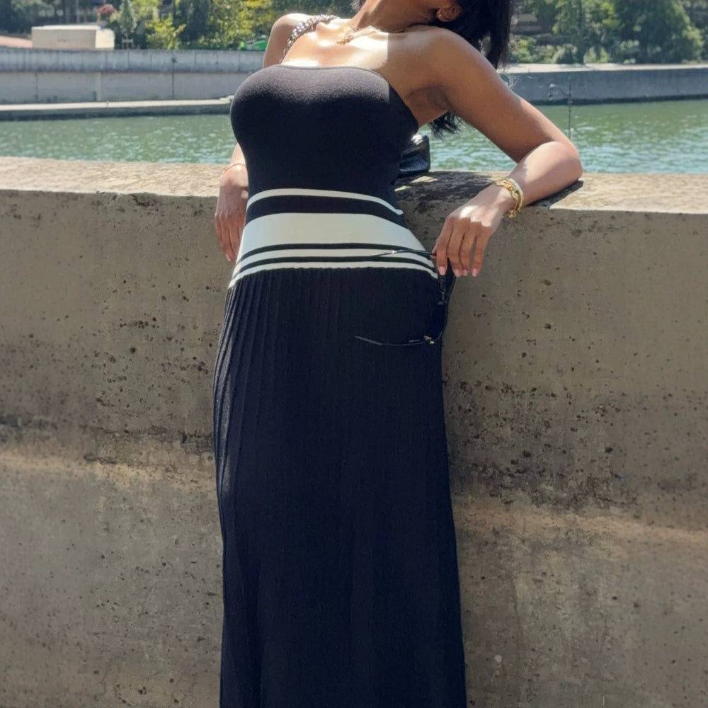 European and american cross-border women's fashion:  summer new arrivals - sexy and chic bandeau color block slimming pleated dress