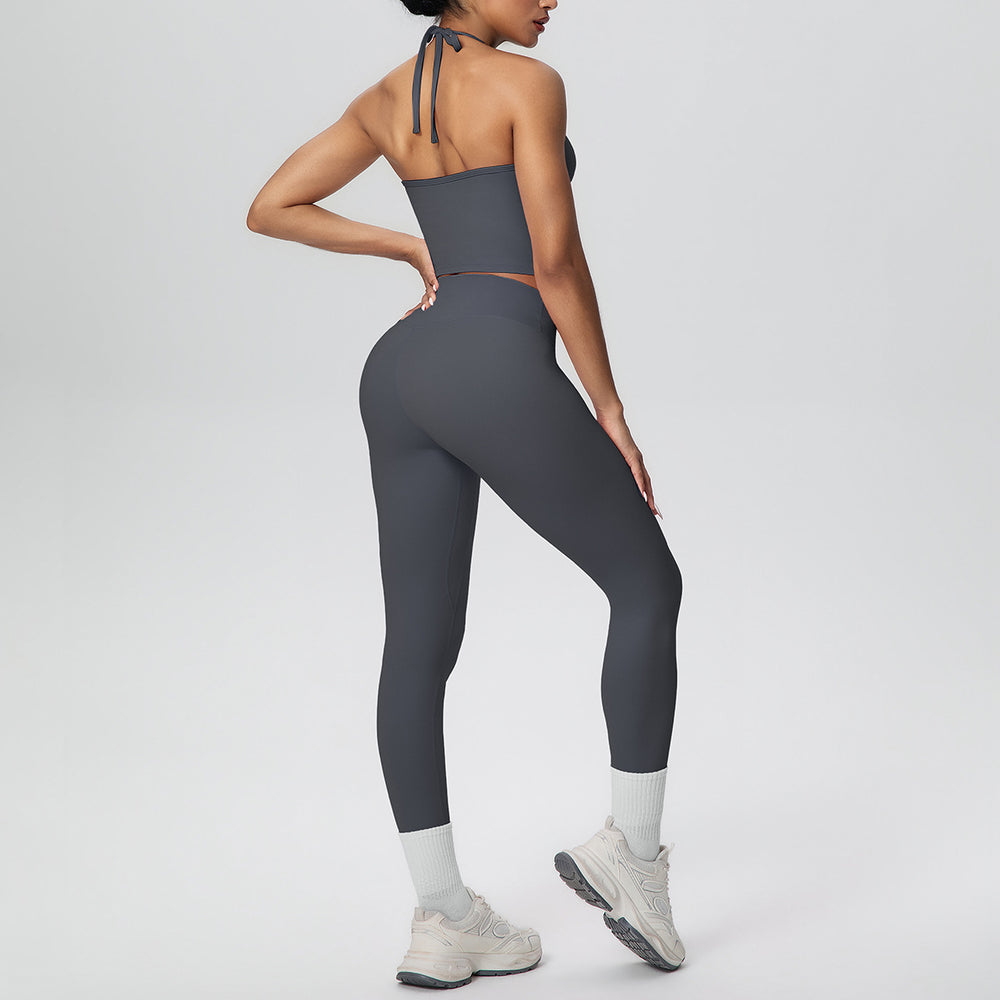 New arrival cross-border brushed beautiful back tight strap halter high waist yoga suit sports running fitness two-piece set