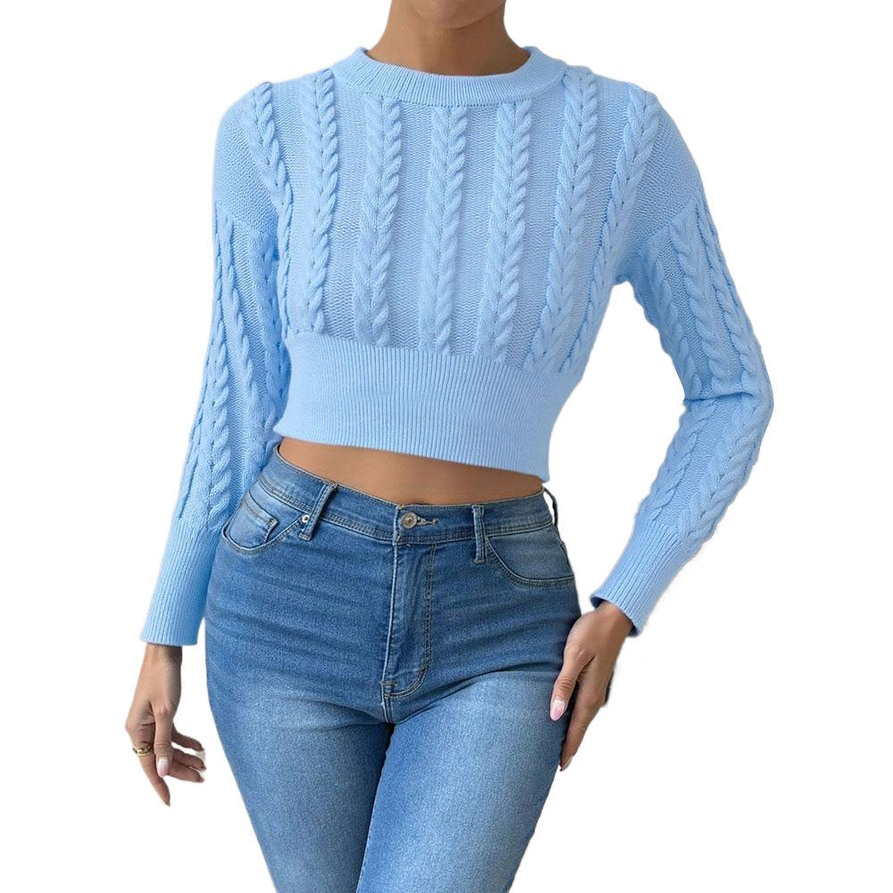 Cross-border European, American autumn and winter new women's clothing, crew neck short wool top pullover college style ins long-sleeved sweater