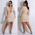 C6185 cross-border   fashion women's solid color hotfix rhinestone mesh v-neck long sleeve dress