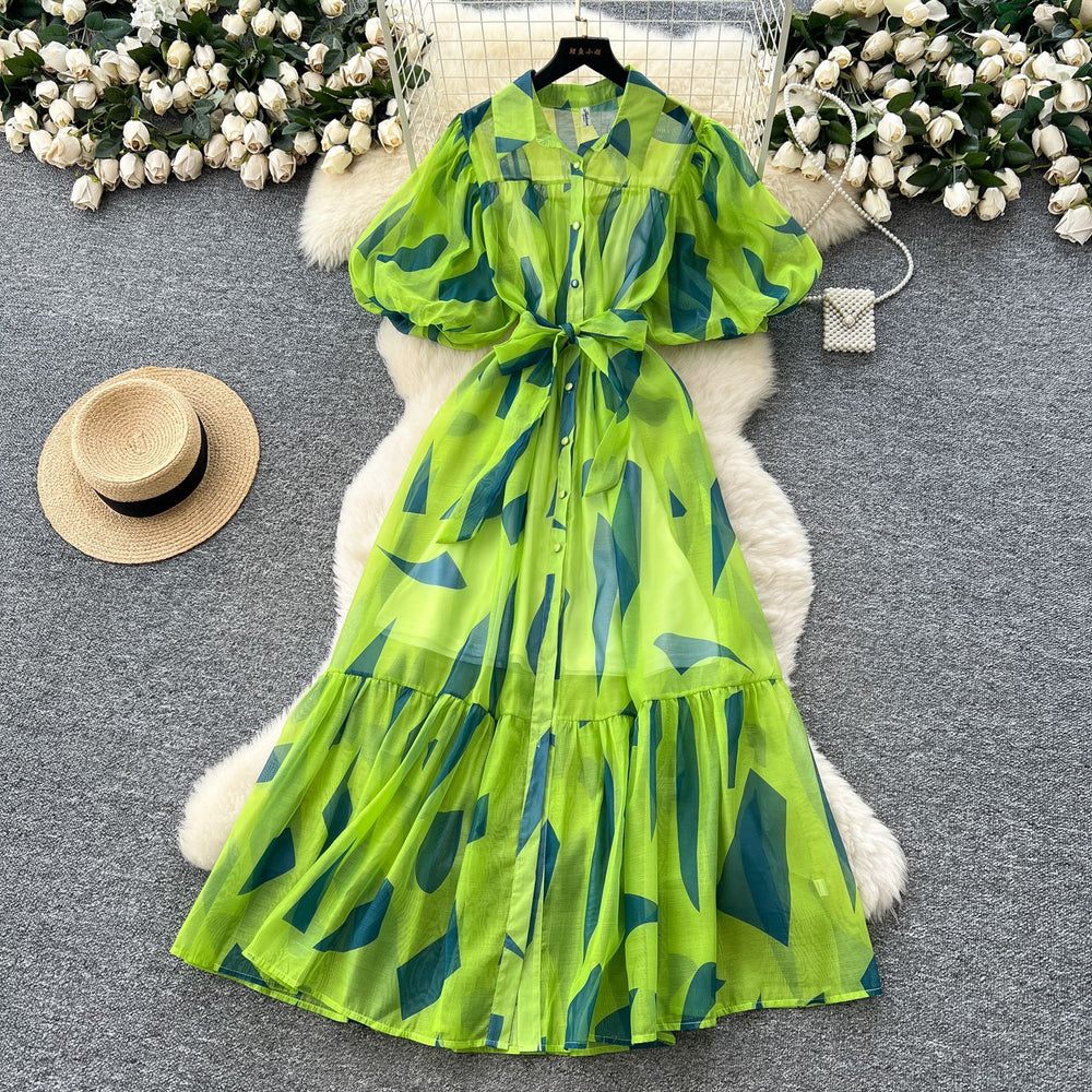 Palace style niche styleclassy puff sleeve shirt dress female french strap waist printing large swing long skirt