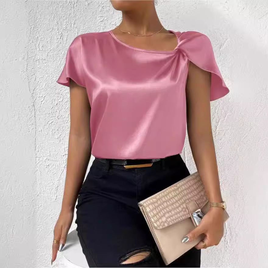 european and american export cross-border supply summer satin short-sleeve top - satin twist knot solid color loose fit versatile women's top