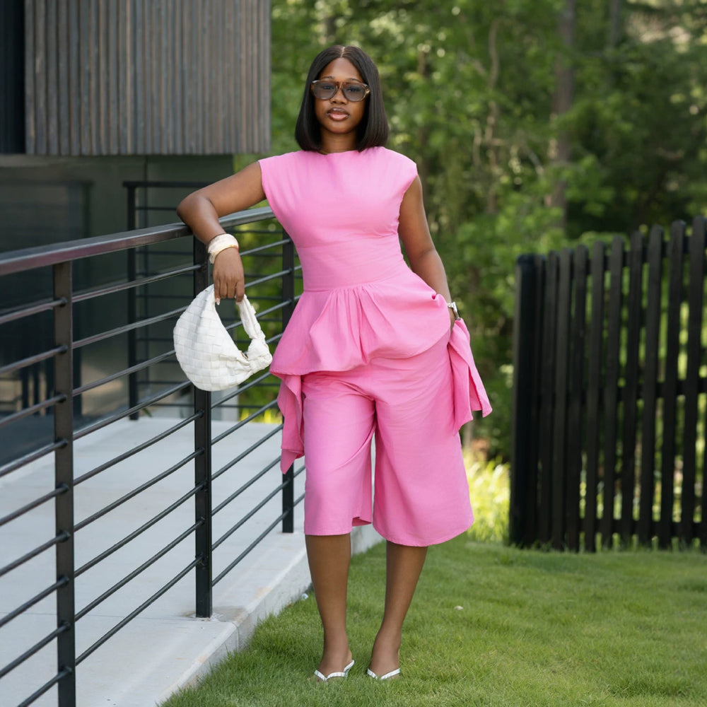 Fashion cross-border women's clothing  summer new style elegantcasual round neck asymmetrical tops high waist cropped pants suit
