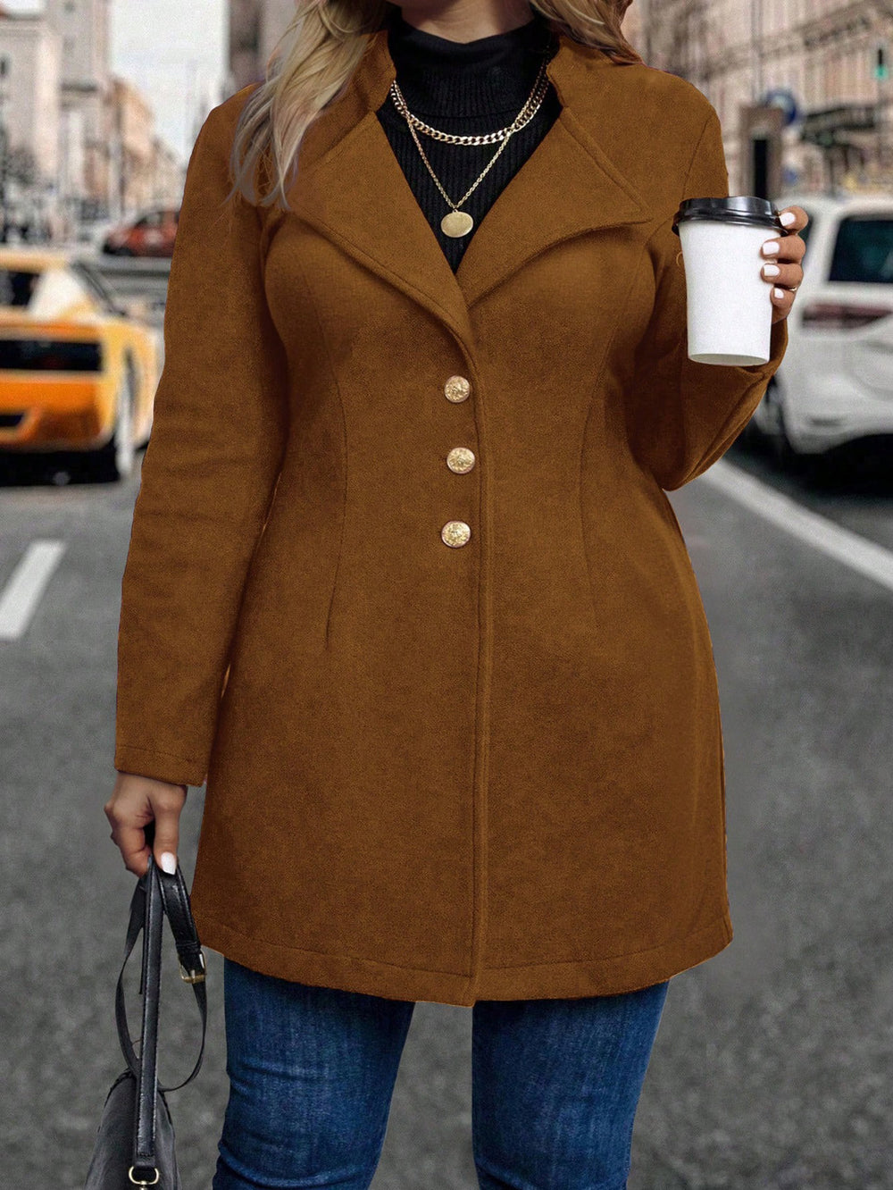 European and american style plus size vintage wool blend coat with turn-down collar, metal buckle design, slim fit, mid-length, long sleeve overcoat