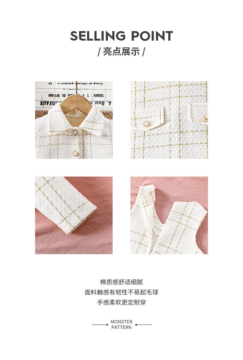 Exportgirl small fragrant suitchildren'swhite lapel outwearstripes vest skirt kidstwo-piece set skirt