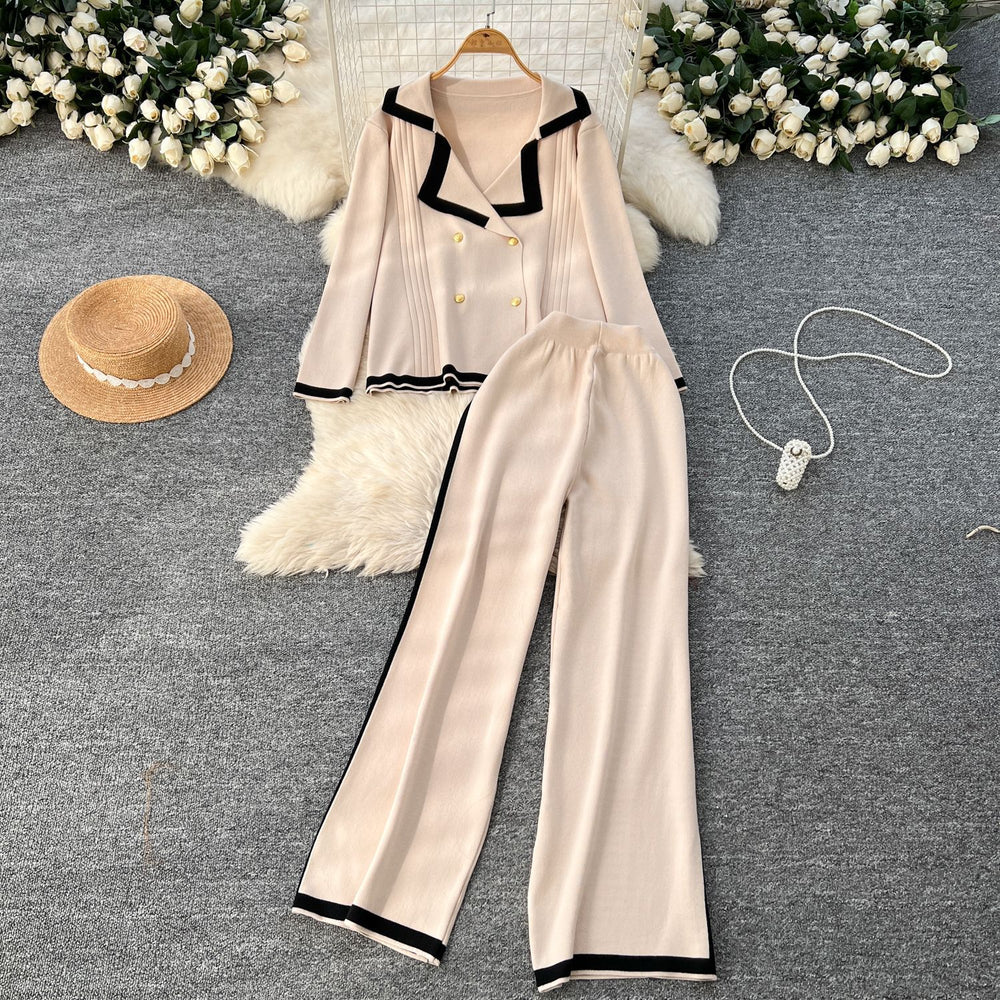 Fall and winter tweed style suit collar double-breasted long sleevesknittingtopshigh waistcontrast colorloose pants sweatertwo-piece set