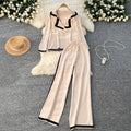 Fall and winter tweed style suit collar double-breasted long sleevesknittingtopshigh waistcontrast colorloose pants sweatertwo-piece set