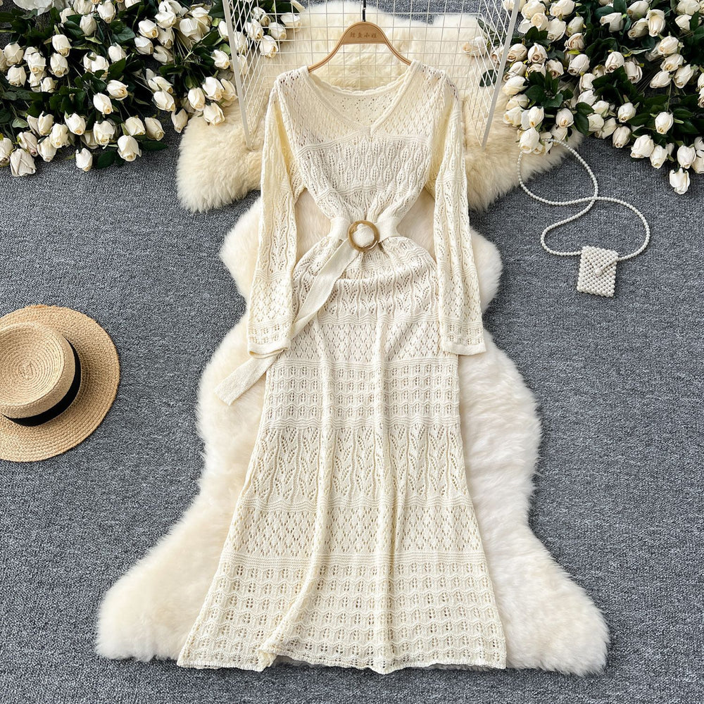Order korean style gentle style cut out crochet knittingdress women's waist strap over the knee suspender bottom skirt suit