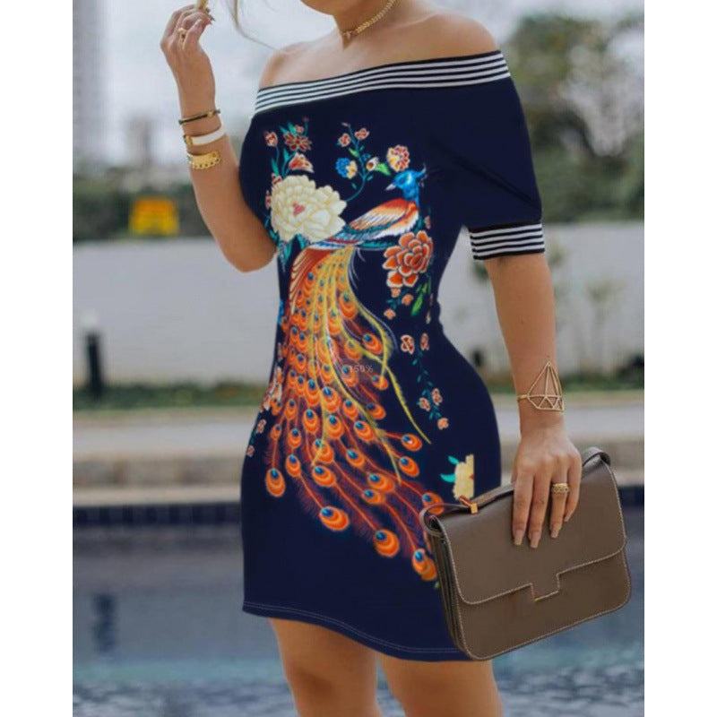 new arrival: hot-selling women's off-the-shoulder printed bodycon sexy dress for cross-border e-commerce ()