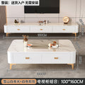 Coffee table and tv cabinet combination, snow mountain white rock slab + white cabinet gold airplane legs 100+160