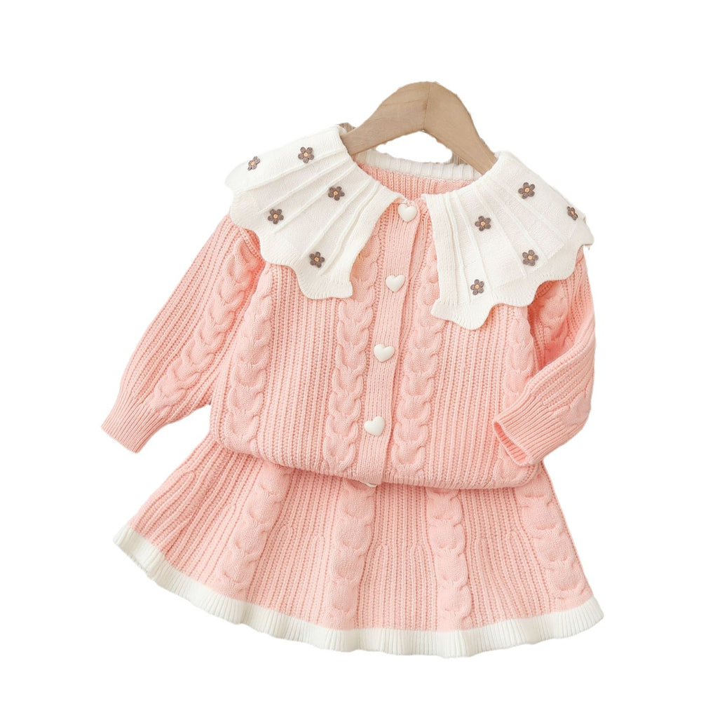 Girls' knitted sweater dress set - two-piece outfit, new autumn/winter  collection, handmade floral cardigan top and skirt set for little girls