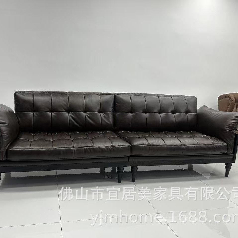 American genuine leather sofa, mid-century modern style, small apartment living room, new high-end solid wood french vintage kenney sofa for home use