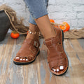 Exportplus sizenew arrival belt buckle flatscut out sandals women's retro style outwearpure color beach sandals and slippers