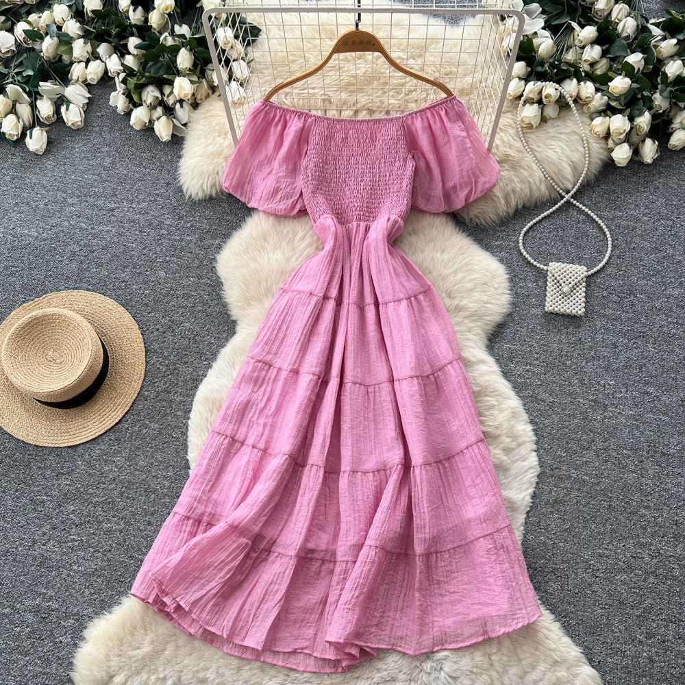 French chic off-the-shoulder bubble sleeve a-line dress - women's summer slimming, figure-flattering, elegant vacation maxi dress