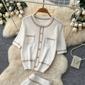 French chic knit cardigan and midi skirt set - women's summer short sleeve casual and elegant height-enhancing outfit