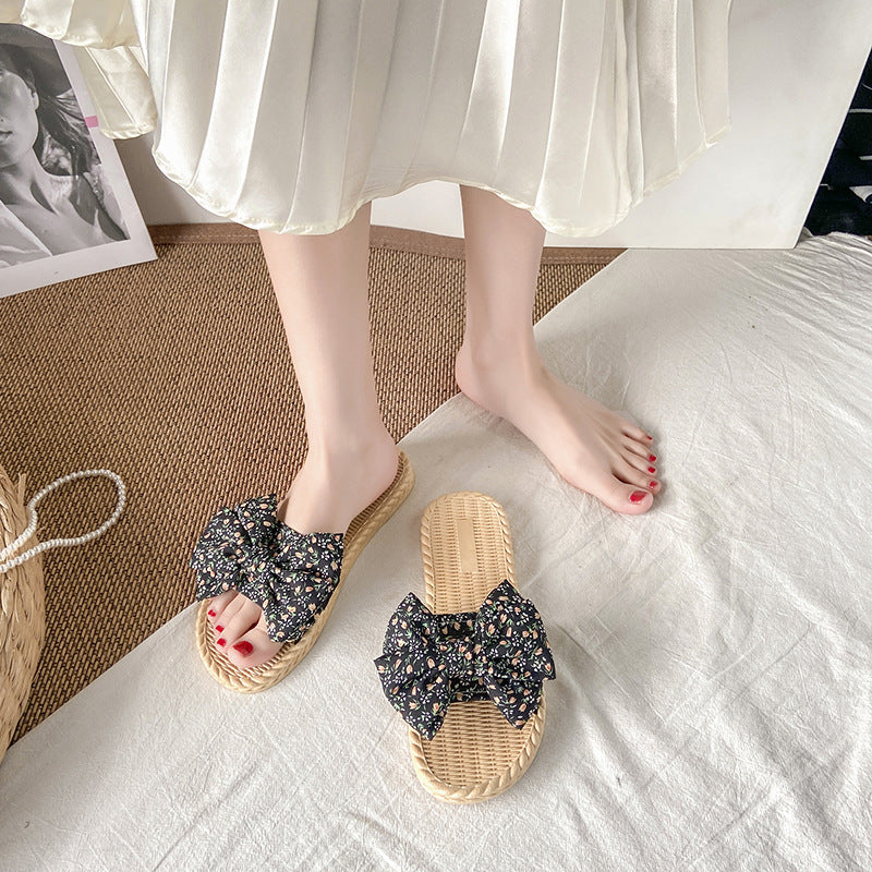 Women's flat sandals - fairy style, new korean style for summer 2024, versatile bowknot beach slides