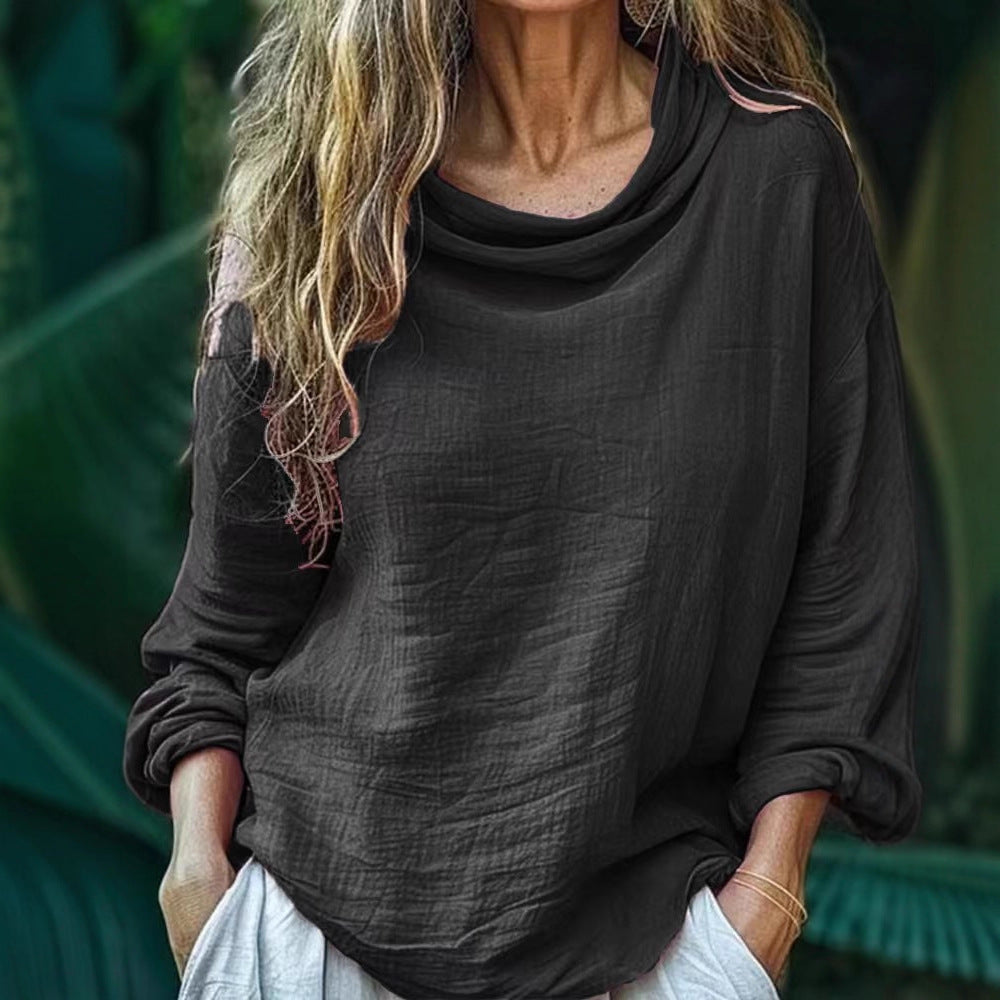 European and American  spring new women's clothing casual loose fashion long-sleeved solid color stacked collar pullover pleated top